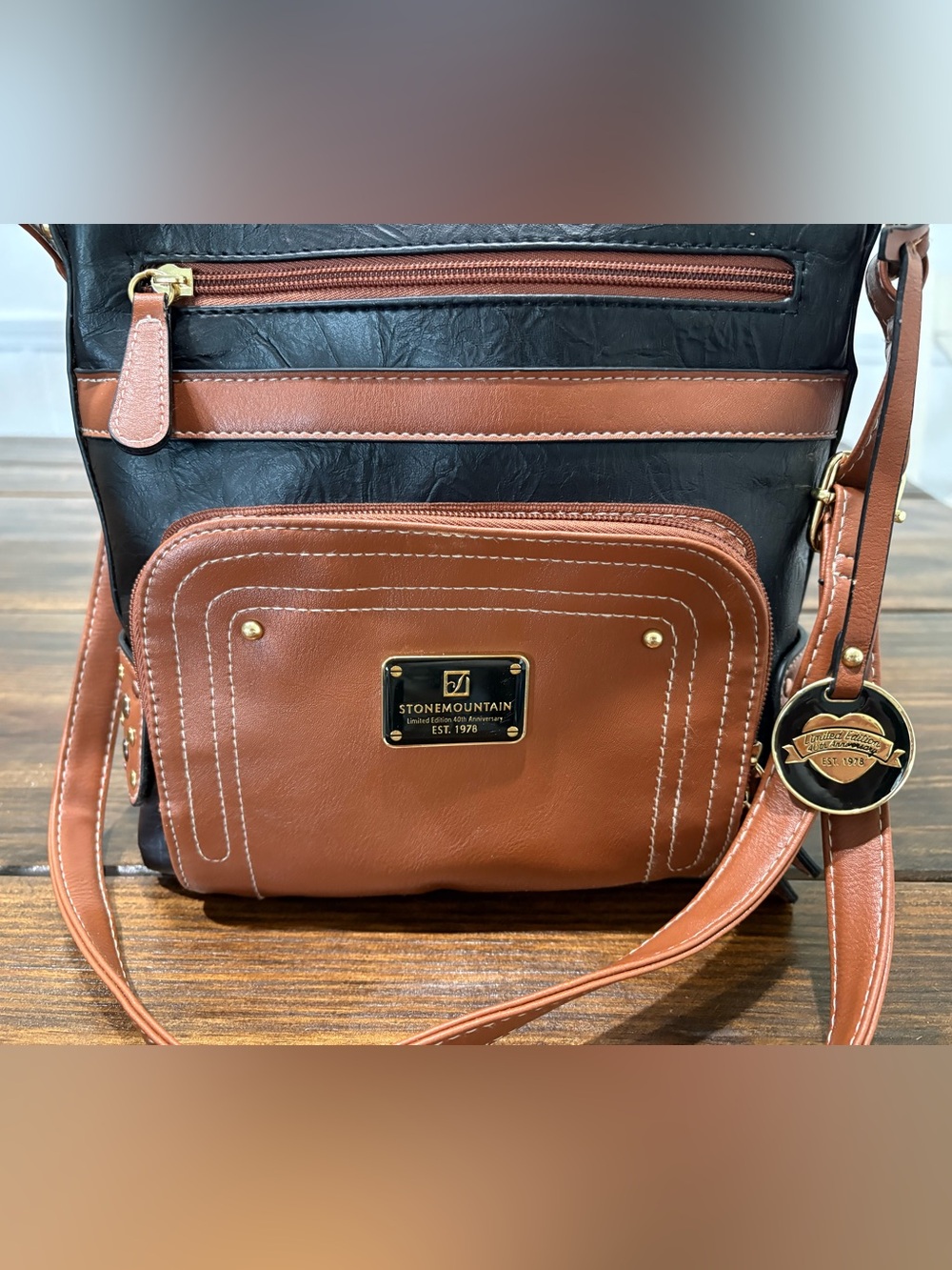 Stone Mountain Accessories Black and Cognac Brown Crossbody Bag
